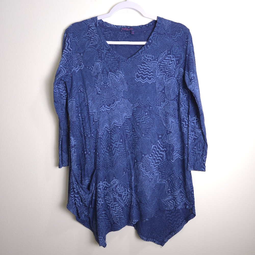 FRESH PRODUCE Boho Artsy Abstract Cozy 3/4 Sleeve V neck Tunic Top XS